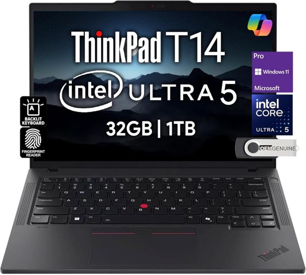 Lenovo ThinkPad T14 Gen 5 Business Laptop 14" FHD+ IPS, Intel Ultra 5 125U, 32GB DDR5 RAM, 1TB SSD, 5MP HD Webcam, Fingerprint, Backlit, Wi-Fi 6E, 2 Thunderbolt 4, AI PC, W11P, 3 Yr Wty