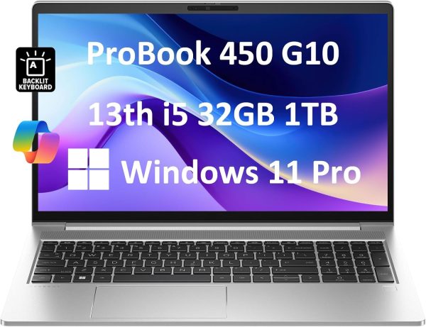 HP ProBook 450 G10 Business Laptop (15.6" FHD Anti-Glare, Intel 10-Core i5-1334U, 32GB RAM, 1TB SSD, (Beats i7-1255U)) Backlit KB, Webcam, Ethernet, Wi-Fi 6E, Win 11 Pro w/ AI Copilot, Silver