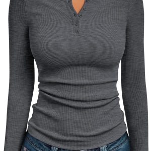 Trendy Queen Womens Long Sleeve Shirts 2025 Henley Casual Fall Outfits Fitted Cotton Tops Ribbed Fashion Cute Basic Tees