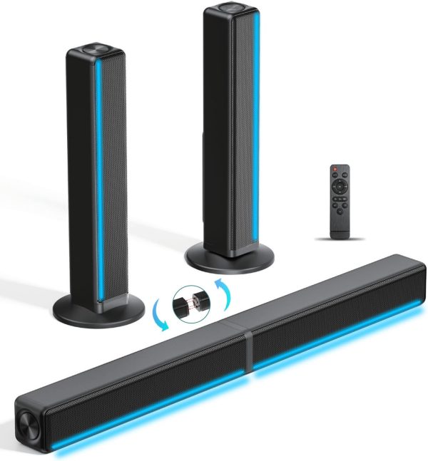 TV Sound Bar, Soundbar with RGB LED Lights & 2.1CH Bluetooth Speaker Surround System, 180W Surround Sound, AUX/Optical/HDMI ARC Home Theater Speaker, 2 in 1 Detachable for Smart TV/Projector/Gaming/PC
