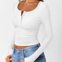Trendy Queen Long Sleeve Shirts for Women Henley Ribbed Tops Fall Dressy Business Casual Teen Girl Winter Cute Basic Tees - Image 3