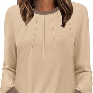 XIEERDUO Womens Long Sleeve Tops Color Block Casual Crewneck Tops Tshirt Basic Tee Fall Fashion Clothes Trendy Outfits