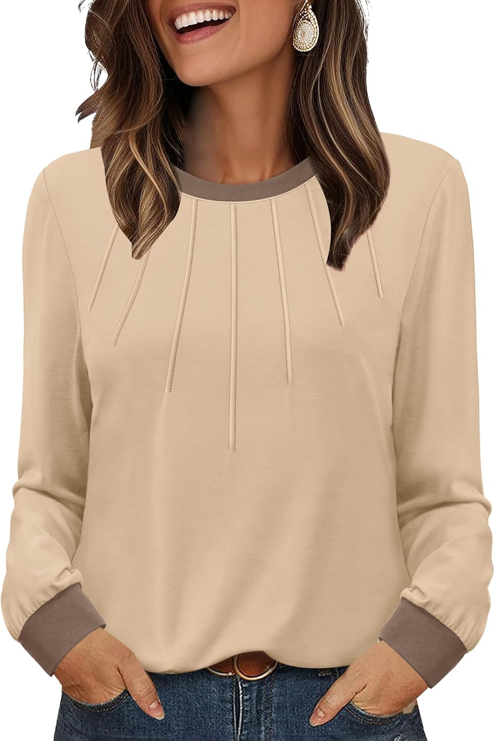 XIEERDUO Womens Long Sleeve Tops Color Block Casual Crewneck Tops Tshirt Basic Tee Fall Fashion Clothes Trendy Outfits