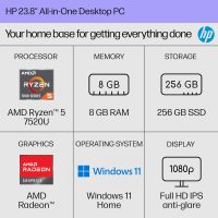 HP 24 inch All-in-One Desktop PC, FHD Display, AMD Ryzen 5 7520U, 8 GB RAM, 256 GB SSD, AMD Radeon Graphics, Windows 11 Home, 24-cr0002 (2024) - Image 2