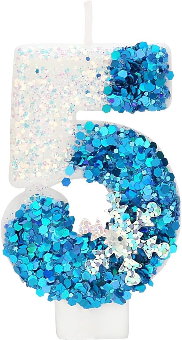 Glitter Blue White 3.74inch Large Frozen Birthday Candles,Happy 5th Birthday Candle for Party Supplies,Snow Winter Frozen Theme for Girls Cake Toppers Candles Birthday Decorations