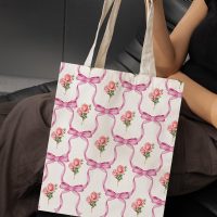 Coquette Bows Floral Canvas Tote Bag for Women Girls Pink Bows Roses Reusable Grocery Shoulder Bag for Shopping Work Travel - Image 5