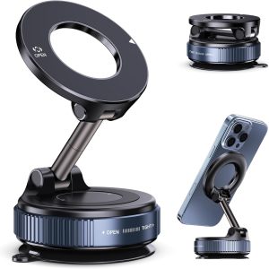 Vacuum Magnetic Suction Phone Holder, Foldable and Retractable Hands-Free Suction Cup Phone Mount for Car/Gym/Mirror/Smooth Surface, Compatible with iPhone Android and All Smartphones (Black)