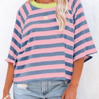 Dokotoo Tops for Women Striped 2025 Fashion T Shirts for Women Color Block Crewneck Design Loose Basic Tee - Image 3