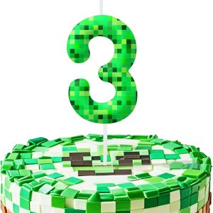 Green Pixel 3rd Birthday Number Candles, Number 3 Candle Cake Topper Decorations for Green Pixel Game Themed Parties, Birthday Cake Candles for Boys Girls Kids Party Supplies