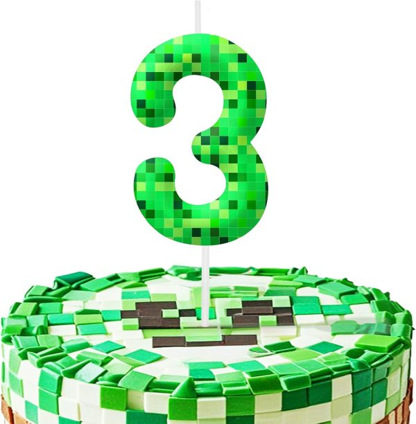 Green Pixel 3rd Birthday Number Candles, Number 3 Candle Cake Topper Decorations for Green Pixel Game Themed Parties, Birthday Cake Candles for Boys Girls Kids Party Supplies