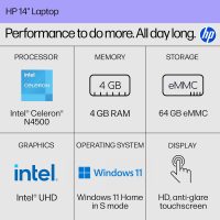 HP Touchscreen Laptop Computer for Home Student Study, 1-Year Office, 4GB DDR4 RAM, 64GB eMMC, Intel Processor, 14 inch, WiFi 6, Bluetooth, Windows 11 Home S, Pale Gold - Image 2