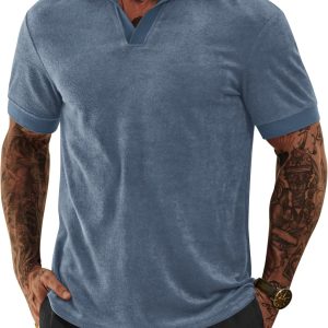 Mens Terry Polo Shirts Johnny Collar Casual Summer Short Sleeve Buttonless Shirt (S-XXL)