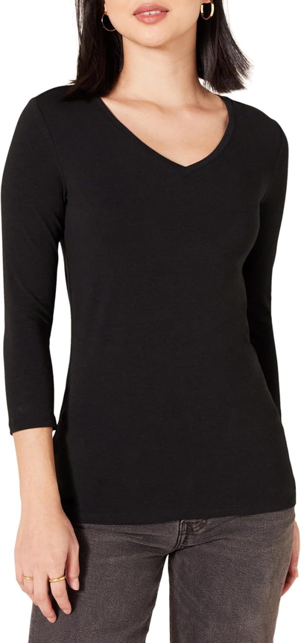 Amazon Essentials Women's Regular-Fit 3/4 Sleeve V-Neck T-Shirt (Available in Plus Size), Multipacks