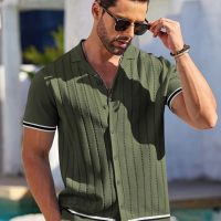 COOFANDY Men's Short Sleeve Knit Shirt Casual Button Down Shirt Vintage Striped Knitted Golf Beach Tops - Image 4