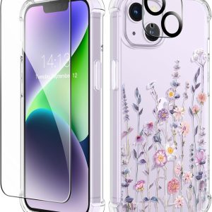 GVIEWIN for iPhone 14 Case Floral, with Screen Protector+Camera Lens Protector,[Non Yellowing]Soft Shockproof Clear Phone Protective Cover for Women, Flower Pattern Design 6.1"(AA-Floratopia/Colorful)