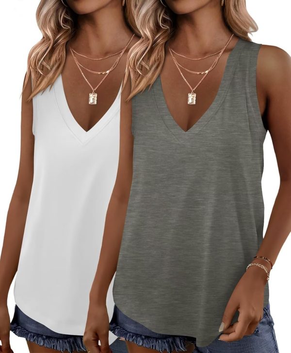 KKJ 2 Pack Womens Tank Tops Summer V Neck Sleeveless Loose Casual Blouses Beach Vacation Outfits Shirt Spring Trendy Clothes