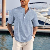 COOFANDY Men's Casual Henley Shirt Short Sleeve Band Collar Linen Shirt Summer Beach Hippie T-Shirts - Image 2