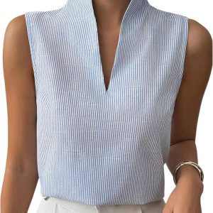 SOLY HUX Women's Work Outfits V Neck Sleeveless Blouses Summer Casual Tank Tops Business Office Dressy Striped Shirts