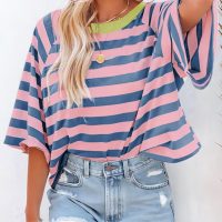 Dokotoo Tops for Women Striped 2025 Fashion T Shirts for Women Color Block Crewneck Design Loose Basic Tee - Image 2