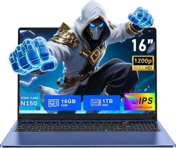 Gaming Laptop, 16 Inch Laptop Computer with Windows 11 Pro, 12th Gen N150 Processor(up to 3.6GHz), 16GB RAM 1TB SSD, Backlit Keyboard, FHD 1920 * 1200, Bluetooth. Dark Blue.