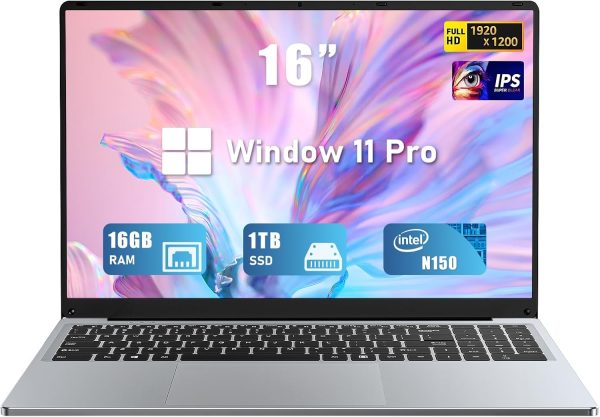 2025 16 Inch Laptop Computer, N150 (4C/4T, Max 3.6GHz) Gaming Laptop,16GB DDR4 1TB SSD,WiFi 5,BT4.2,1920x1200(16:10) IPS, Backlit Keyboard,6Hrs Battery,Mini HDMI/USB-C*3 - Gray
