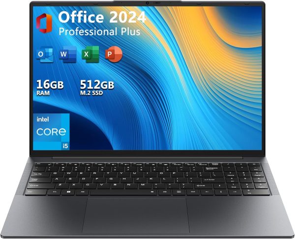 EYY 16" Laptop Computer Intel Core i5 Processor, Windows 11 Pro Laptop 16GB RAM 512GB SSD, 1920 x 1200 FHD 16:10 Display, MS Office 2024, Notebook with Backlit Keyboard, WiFi, BT5.0, RJ45, HDMI
