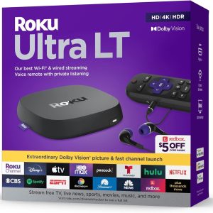 Roku Ultra LT (2023) HD/4K/HDR Dolby Vision Quad-Core Streaming Player with HDMI Cable, Headphones, Voice Remote w/ Private Listening, Ethernet