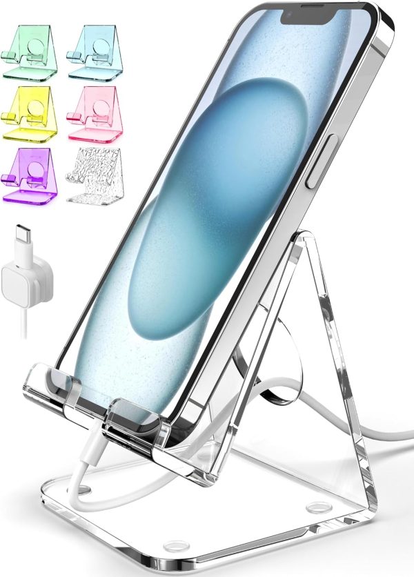 TOPGO Acrylic Cell Phone Stand, Clear Phone Holder for Office Desk, Vanity, Kitchen, Bedside Table, Compatible with iPhone/Smartphones/iPad/Switch/Kindle, Office Desk Accessories