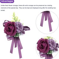 Wrist Corsage Artificial Flower Bracelets Pack of 1 Rose Wrist Bride Groom Decorative for Wedding Ceremony Prom Party Anniversary, 12x10cm Dark Purple - Image 3