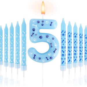 Blue Birthday Decorations, Paw Blue Number 5 Birthday Candle, 5th Birthday Candles Azure Blue Cake Topper Cupcake Toppers Dog Paw Theme Birthday Party Decorations Supplies Cake Sparklers Baby Shower
