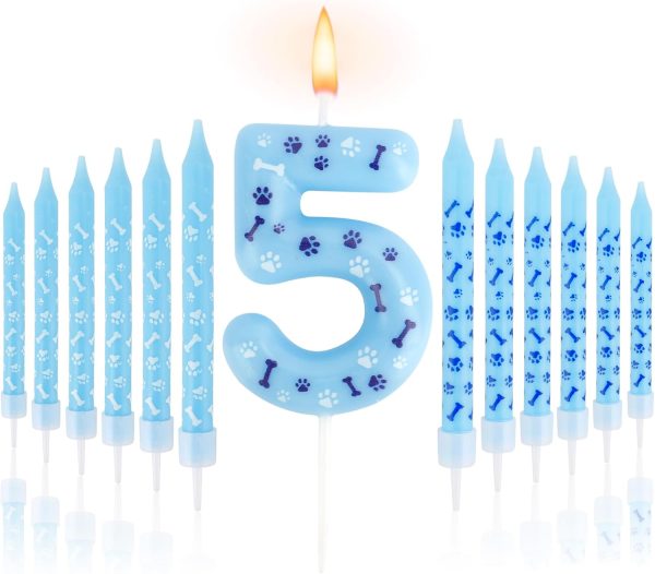 Blue Birthday Decorations, Paw Blue Number 5 Birthday Candle, 5th Birthday Candles Azure Blue Cake Topper Cupcake Toppers Dog Paw Theme Birthday Party Decorations Supplies Cake Sparklers Baby Shower