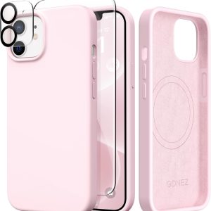 GONEZ Magnetic for iPhone 12 Case / 12 Pro Case, Compatible with MagSafe, [Screen Protector + Camera Lens Protector], Silicone Shockproof Anti-Scratch Protective Phone Case 6.1 inch, Chalk Pink