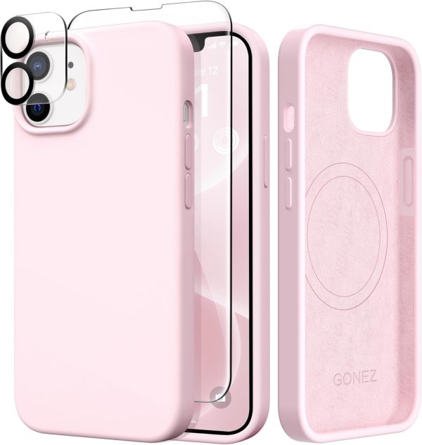 GONEZ Magnetic for iPhone 12 Case / 12 Pro Case, Compatible with MagSafe, [Screen Protector + Camera Lens Protector], Silicone Shockproof Anti-Scratch Protective Phone Case 6.1 inch, Chalk Pink