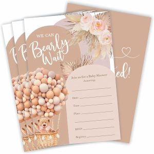 Baby Shower Invitation, 15 Brown Boho Floral & Bear Balloon Fill-In Invites With Envelopes, For Boys And Girls Baby Announcement, Gender Reveal Party Supplies & Decorations - A126