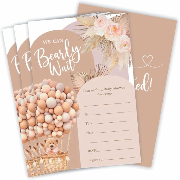 Baby Shower Invitation, 15 Brown Boho Floral & Bear Balloon Fill-In Invites With Envelopes, For Boys And Girls Baby Announcement, Gender Reveal Party Supplies & Decorations - A126