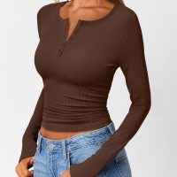 Trendy Queen Womens Long Sleeve Shirts 2025 Henley Casual Fall Outfits Fitted Cotton Tops Ribbed Fashion Cute Basic Tees - Image 3