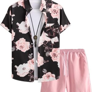 GORGLITTER Men's 2 Piece Vacation Beach Outfits Floral Button Down Shirt and Shorts Cruise Attire Sets