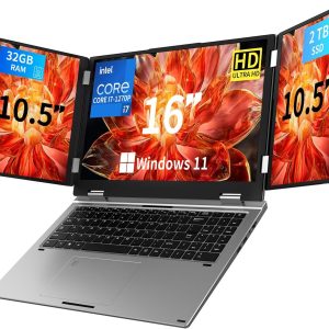 Triple Screen Laptop,16” Main + Dual 10.5” Monitors, Core i7-1270P, 32GB RAM,2TB SSD, Windows 11 Pro,Wi-Fi 6,BT 5.2,Face & Fingerprint Unlock,USB-C,HDMI for Business/Design/Stock Trading