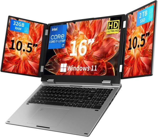 Triple Screen Laptop,16” Main + Dual 10.5” Monitors, Core i7-1270P, 32GB RAM,2TB SSD, Windows 11 Pro,Wi-Fi 6,BT 5.2,Face & Fingerprint Unlock,USB-C,HDMI for Business/Design/Stock Trading