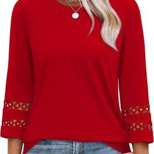 XIEERDUO 3/4 Length Sleeve Womens Tops and Blouses Dressy Casual Crewneck T Shirts Fashion Clothes Loose Fit Trendy