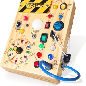 Busy Board, Montessori Toy for 1-3 Years Old, Wooden Toddler Sensory Travel Toy, Ideal Gift for 1+ Year Old Boys (Busy Board Plus V2), Medium, Yellow