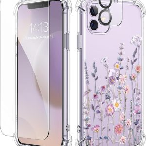 GVIEWIN for iPhone 11 Case with Screen Protector + Camera Lens Protector, [Not-Yellowing] Clear Soft TPU Shockproof Protective Cover for Women Girls Flower Pattern Phone Case 6.1"(Floratopia/Colorful)