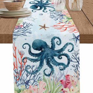 Underwater Sea Monster Octopus Coral Table Runner,Cotton Linen Table Runners 48 Inches Long,Ocean Marine Life Dresser Scarf Tablerunner for Kitchen Coffee/Dining/Sofa/End Tables TV Stand