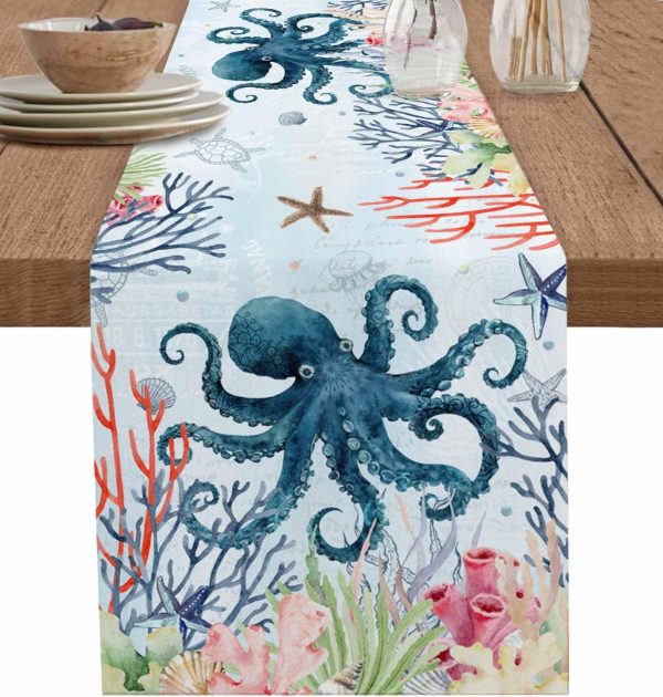 Underwater Sea Monster Octopus Coral Table Runner,Cotton Linen Table Runners 48 Inches Long,Ocean Marine Life Dresser Scarf Tablerunner for Kitchen Coffee/Dining/Sofa/End Tables TV Stand