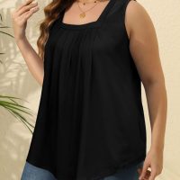 Saloogoe Summer Tank Tops for Women Loose Fit Pleated Square Neck Sleeveless Tops Curved Hem Flowy - Image 4