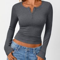 Trendy Queen Womens Long Sleeve Shirts 2025 Henley Casual Fall Outfits Fitted Cotton Tops Ribbed Fashion Cute Basic Tees - Image 2