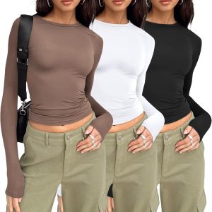 AUTOMET 3 Pack Womens Long Sleeve T Shirts Fall Fashion Basic Going Out Crop Tops Slim Fitted Winter Clothes 2025