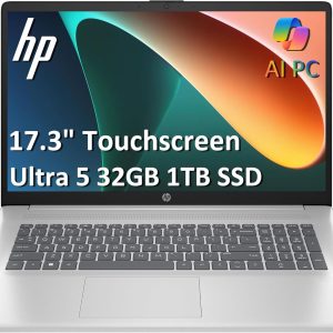 2025 HP 17 Laptop AI PC (17.3" HD+ Touchscreen, Intel 12-Core Ultra 5 225U (> i7-1355U), 32GB DDR5 RAM, 1TB SSD) for Business, Home, Students, Backlit, Fingerprint, Webcam, Win 11 Pro, Silver