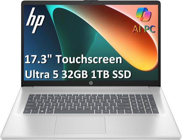 2025 HP 17 Laptop AI PC (17.3" HD+ Touchscreen, Intel 12-Core Ultra 5 225U (> i7-1355U), 32GB DDR5 RAM, 1TB SSD) for Business, Home, Students, Backlit, Fingerprint, Webcam, Win 11 Pro, Silver