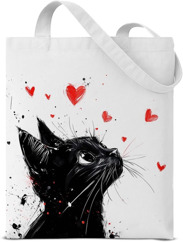 Stylish Cat Print Canvas Tote Bag for Women Cat Lovers Cute Cartoon Design Reusable Grocery Shoulder Bag for Shopping Work Travel